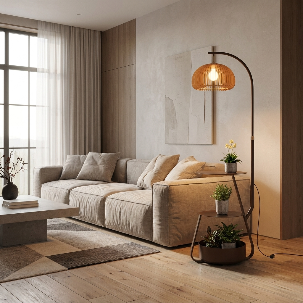 Modern Arc Floor Lamp with Adjustable LED Lighting and Tiered Metal Shelves