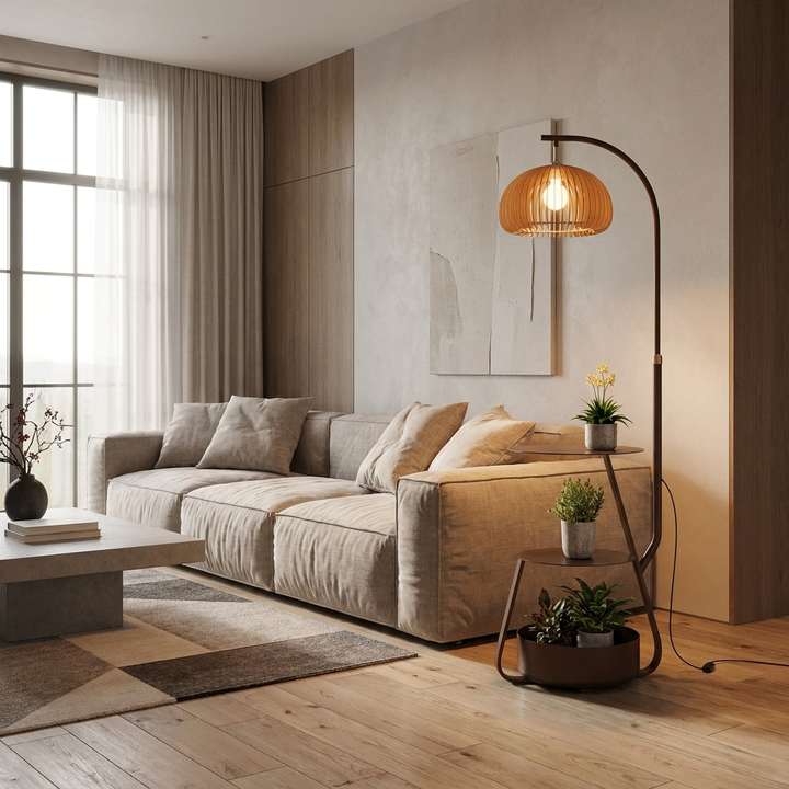 Modern Arc Floor Lamp with Adjustable LED Lighting and Tiered Metal Shelves
