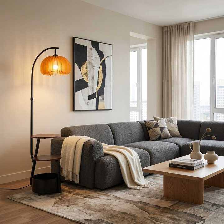 Modern Arc Floor Lamp with Adjustable LED Lighting and Tiered Metal Shelves