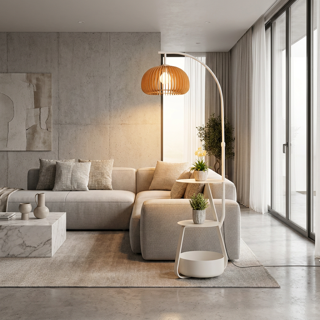 Modern Arc Floor Lamp with Adjustable LED Lighting and Tiered Metal Shelves