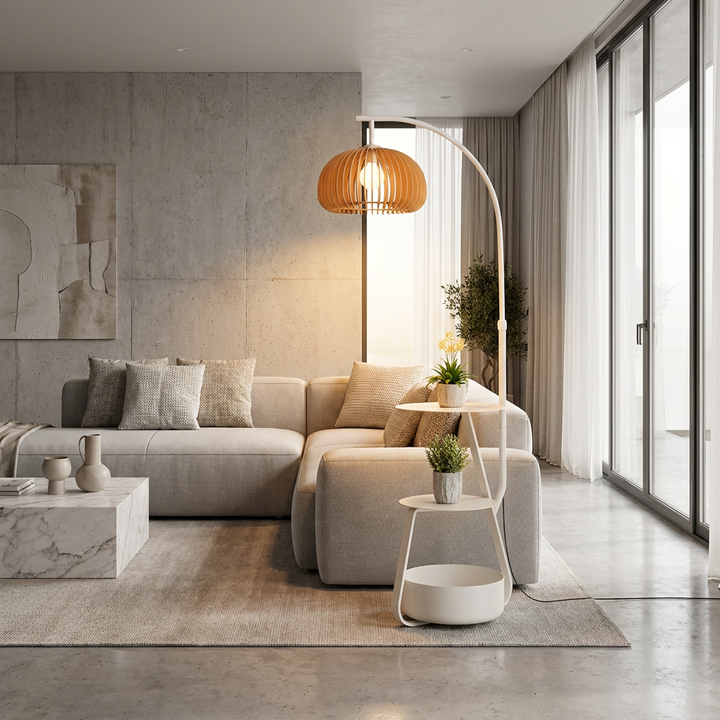 Modern Arc Floor Lamp with Adjustable LED Lighting and Tiered Metal Shelves