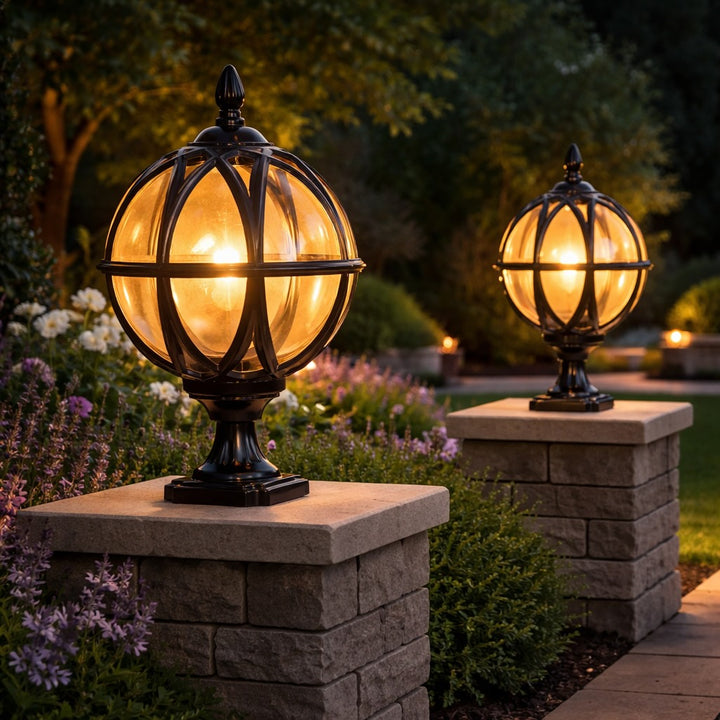 Modern Round Globe Outdoor Fence Post Light Waterproof Aluminum and Glass Adjustable Height
