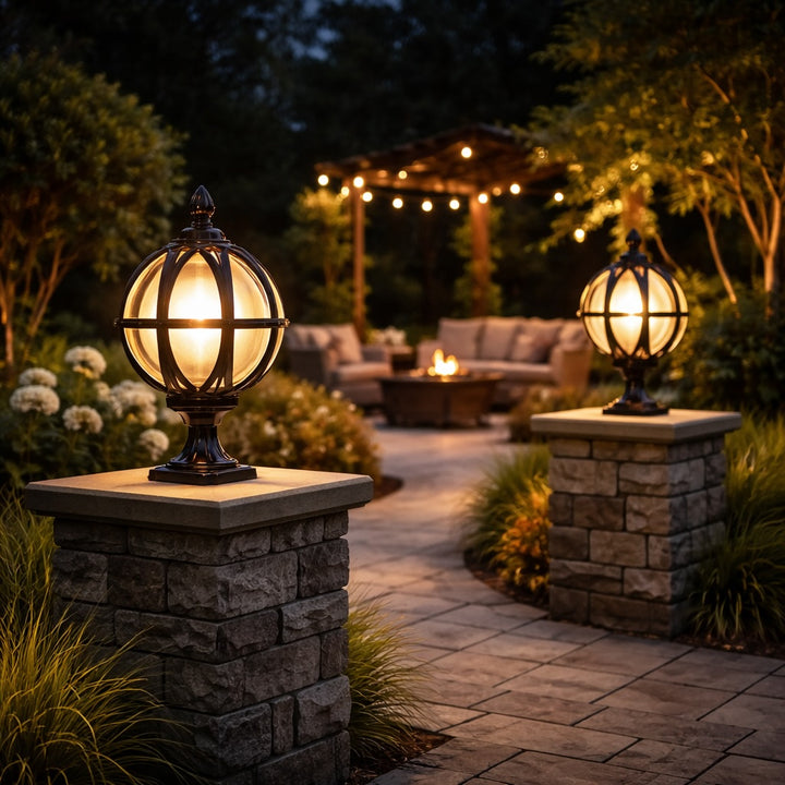 Modern Round Globe Outdoor Fence Post Light Waterproof Aluminum and Glass Adjustable Height