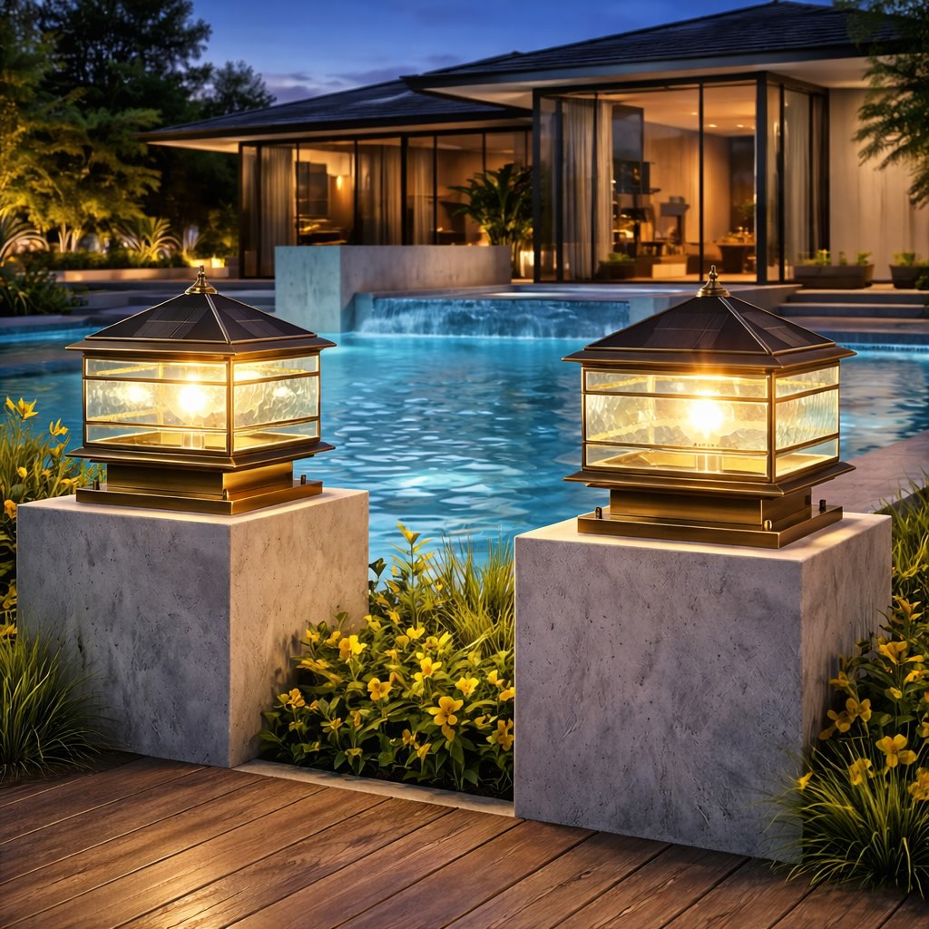 Vintage Copper Outdoor Fence Post Light Waterproof Glass LED Pillar Lamp with Solar Option