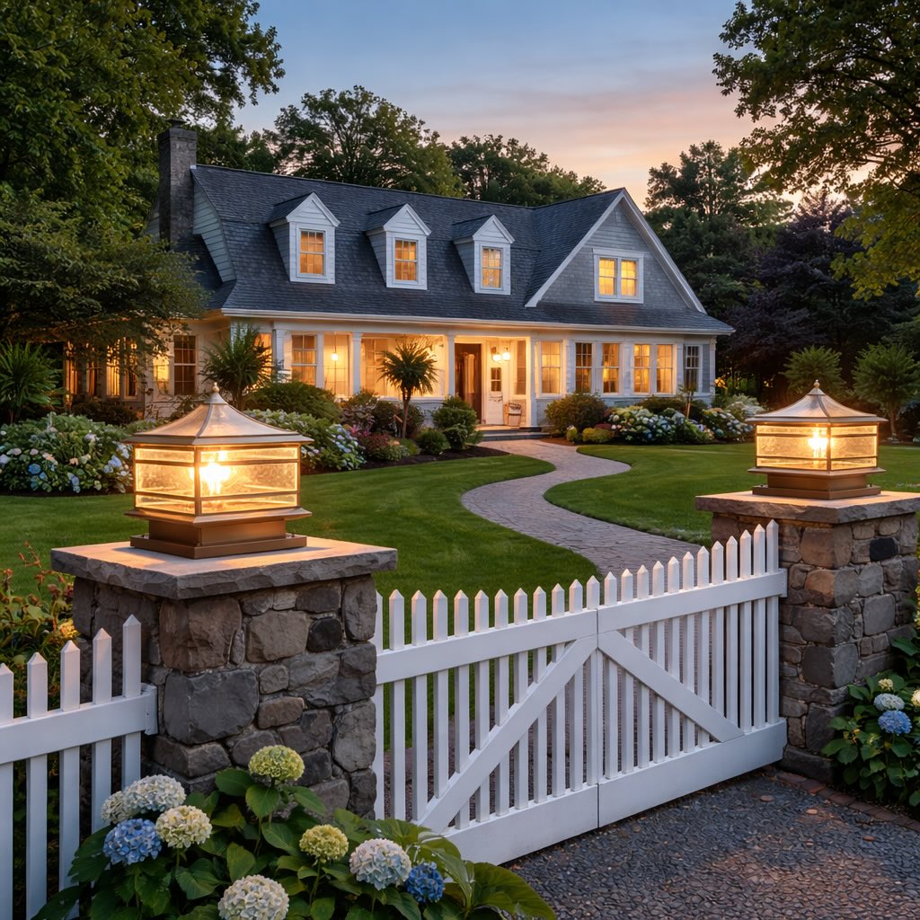 Vintage Copper Outdoor Fence Post Light Waterproof Glass LED Pillar Lamp with Solar Option