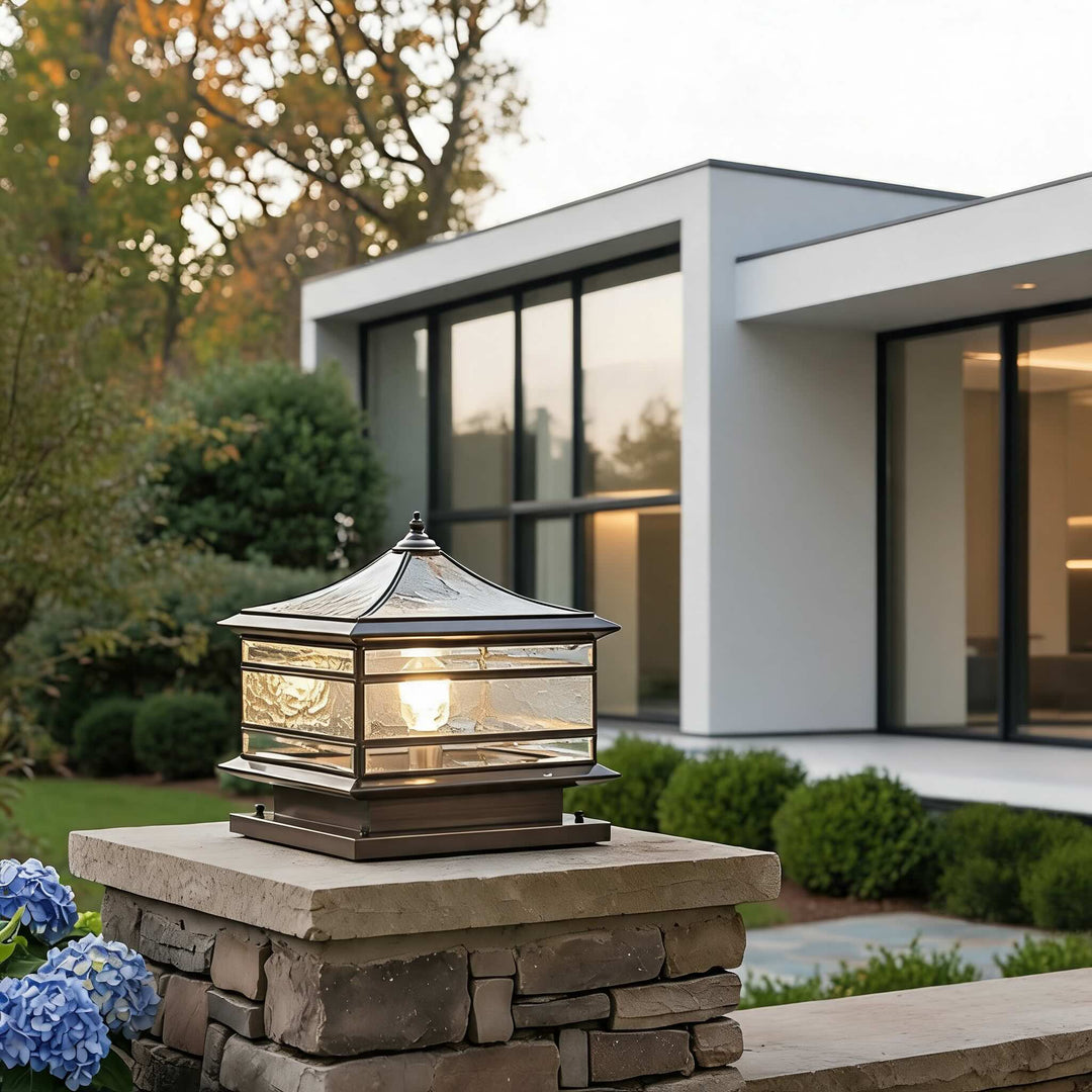 Vintage Copper Outdoor Fence Post Light Waterproof Glass LED Pillar Lamp with Solar Option