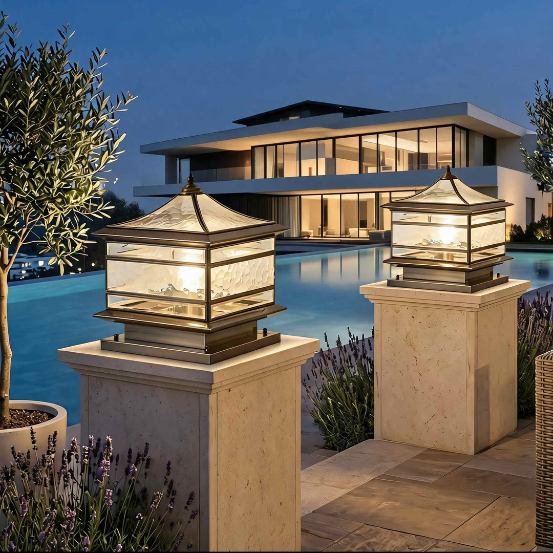 Vintage Copper Outdoor Fence Post Light Waterproof Glass LED Pillar Lamp with Solar Option