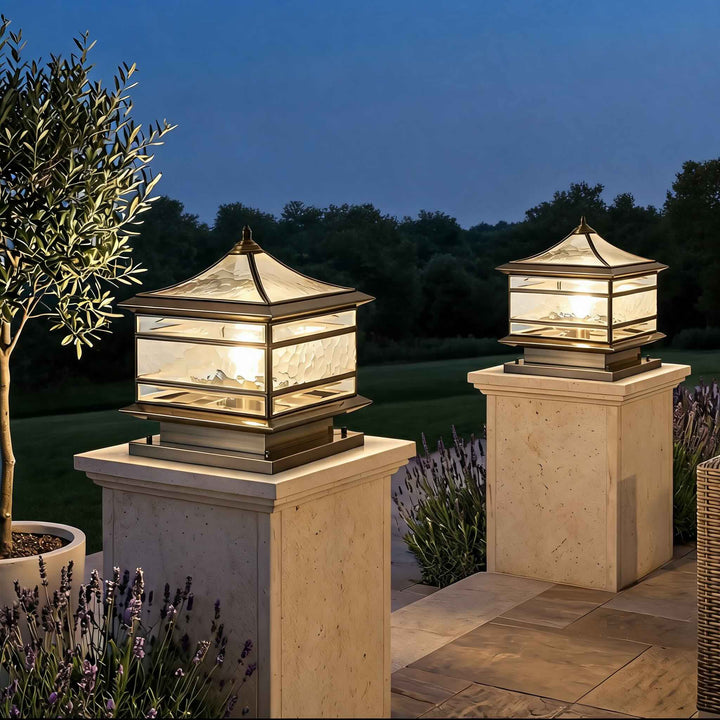 Vintage Copper Outdoor Fence Post Light Waterproof Glass LED Pillar Lamp with Solar Option