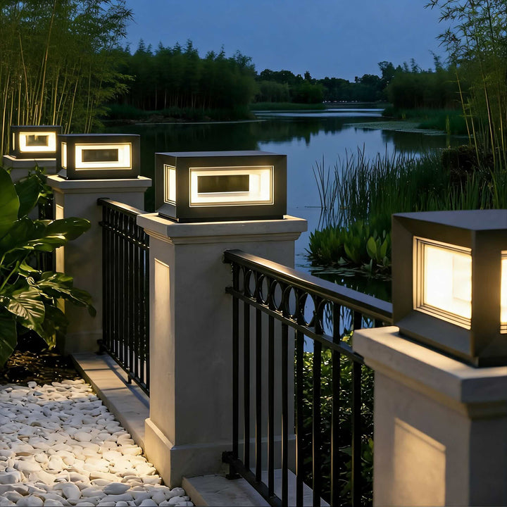 Modern Outdoor Post Light Rectangular Stainless Steel Waterproof LED Solar Hardwired