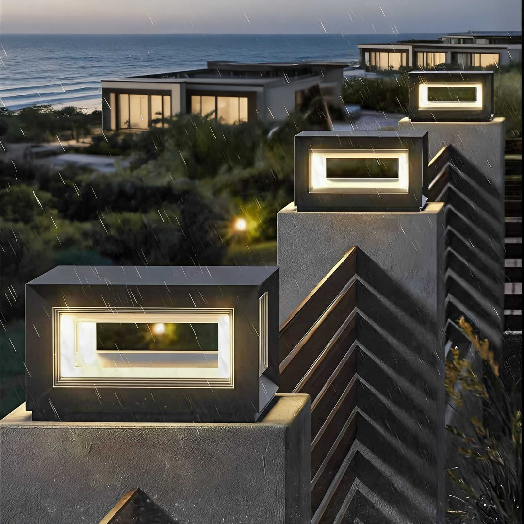 Modern Outdoor Post Light Rectangular Stainless Steel Waterproof LED Solar Hardwired