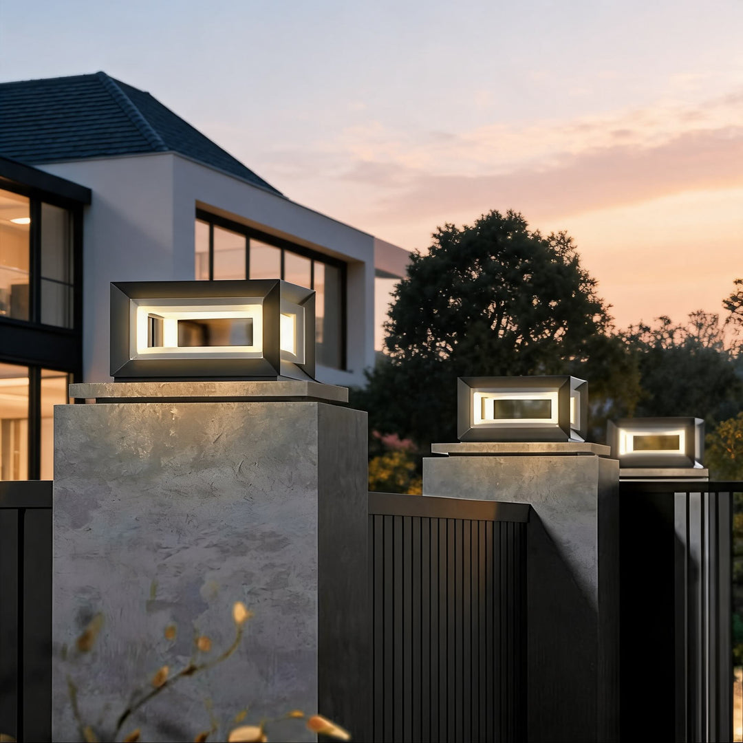 Modern Outdoor Post Light Rectangular Stainless Steel Waterproof LED Solar Hardwired