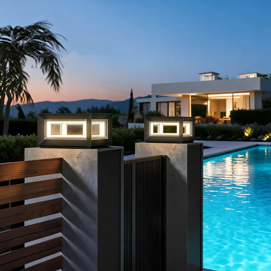 Modern Outdoor Post Light Rectangular Stainless Steel Waterproof LED Solar Hardwired