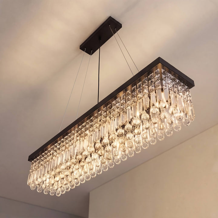 Modern Black Chandelier with Adjustable Height K9 Crystal and Metal Frame for Dining Room
