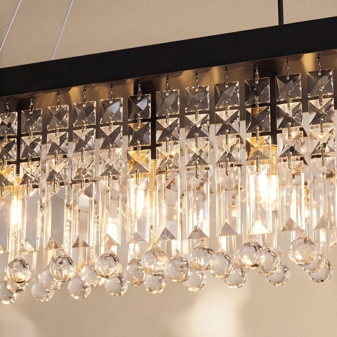 Modern Black Chandelier with Adjustable Height K9 Crystal and Metal Frame for Dining Room