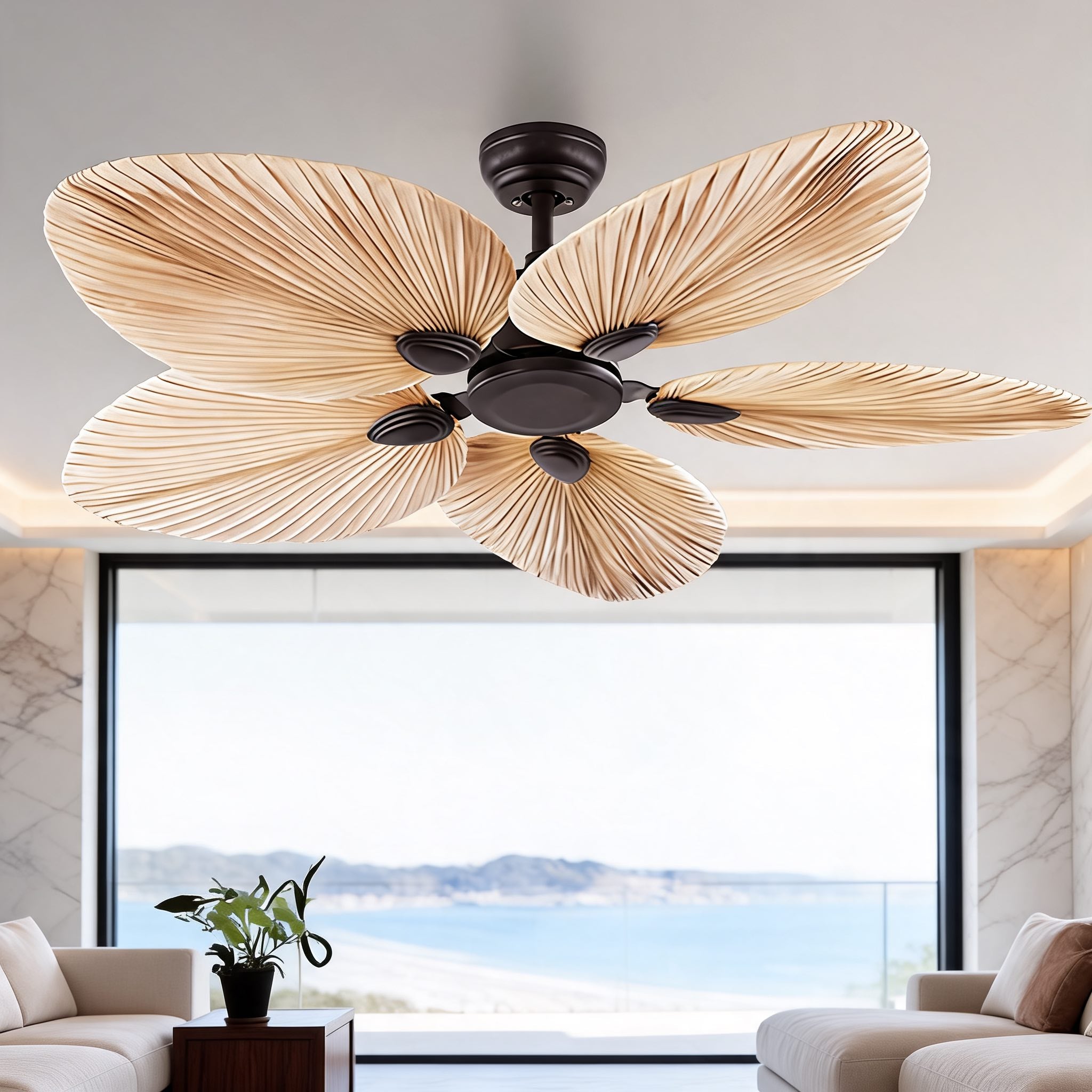 Palm leaf ceiling fan with natural palm blades in a resort-style living room