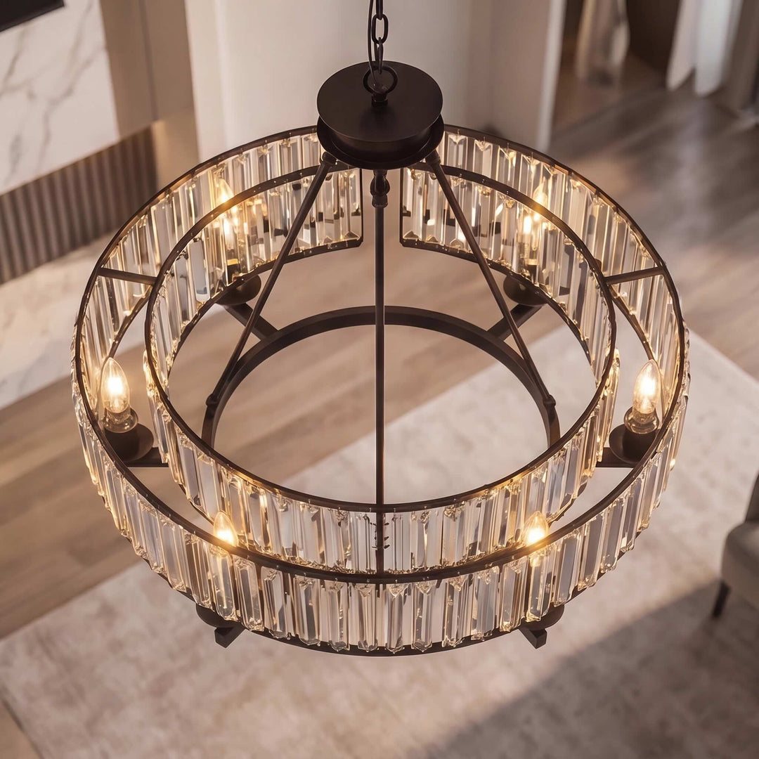 Rustic Crystal Chandelier Adjustable Hanging Light Metal Fixture for Dining Room Kitchen