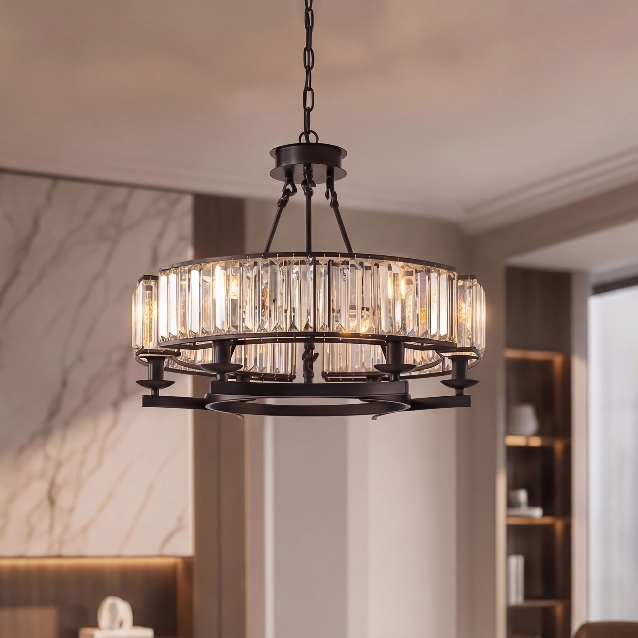 Rustic Crystal Chandelier Adjustable Hanging Light Metal Fixture for Dining Room Kitchen