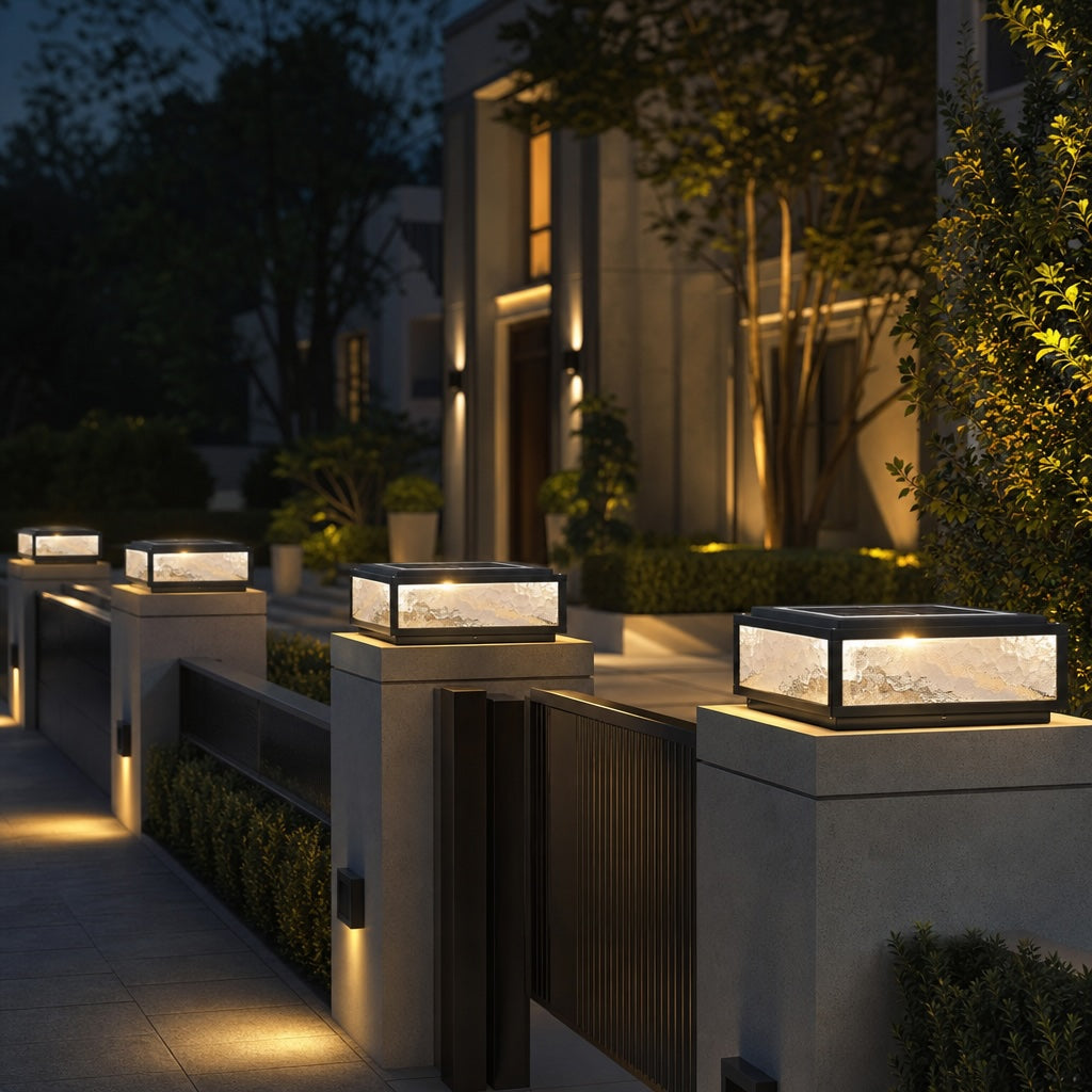 Modern Square Outdoor Pillar Light Solar Wall Mounted Die-Cast Aluminum LED Dimmable 3000K