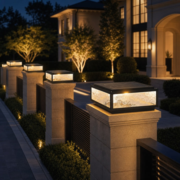 Modern Square Outdoor Pillar Light Solar Wall Mounted Die-Cast Aluminum LED Dimmable 3000K