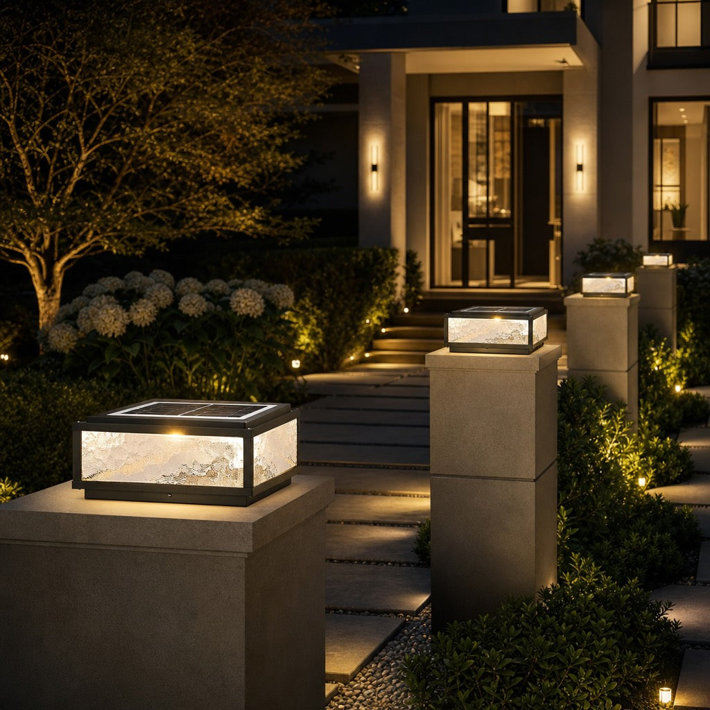 Modern Square Outdoor Pillar Light Solar Wall Mounted Die-Cast Aluminum LED Dimmable 3000K