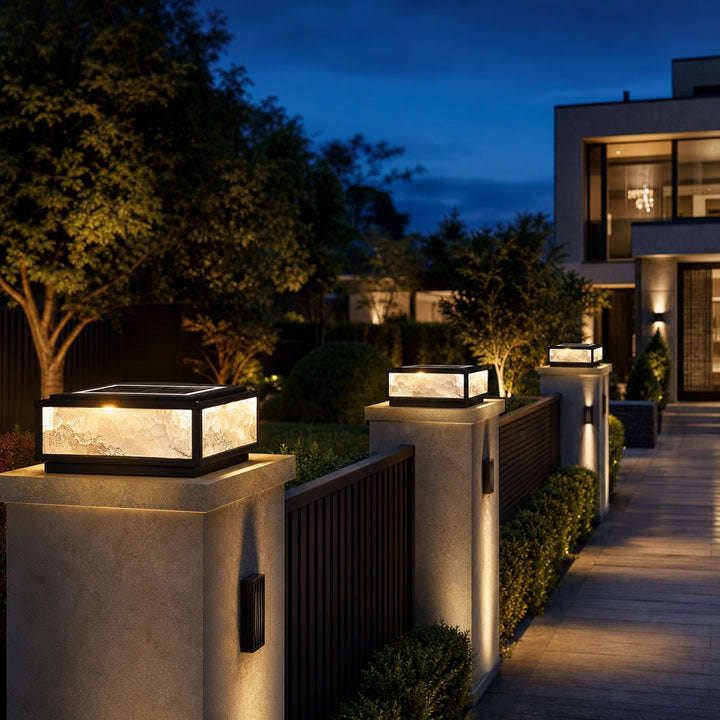 Modern Square Outdoor Pillar Light Solar Wall Mounted Die-Cast Aluminum LED Dimmable 3000K