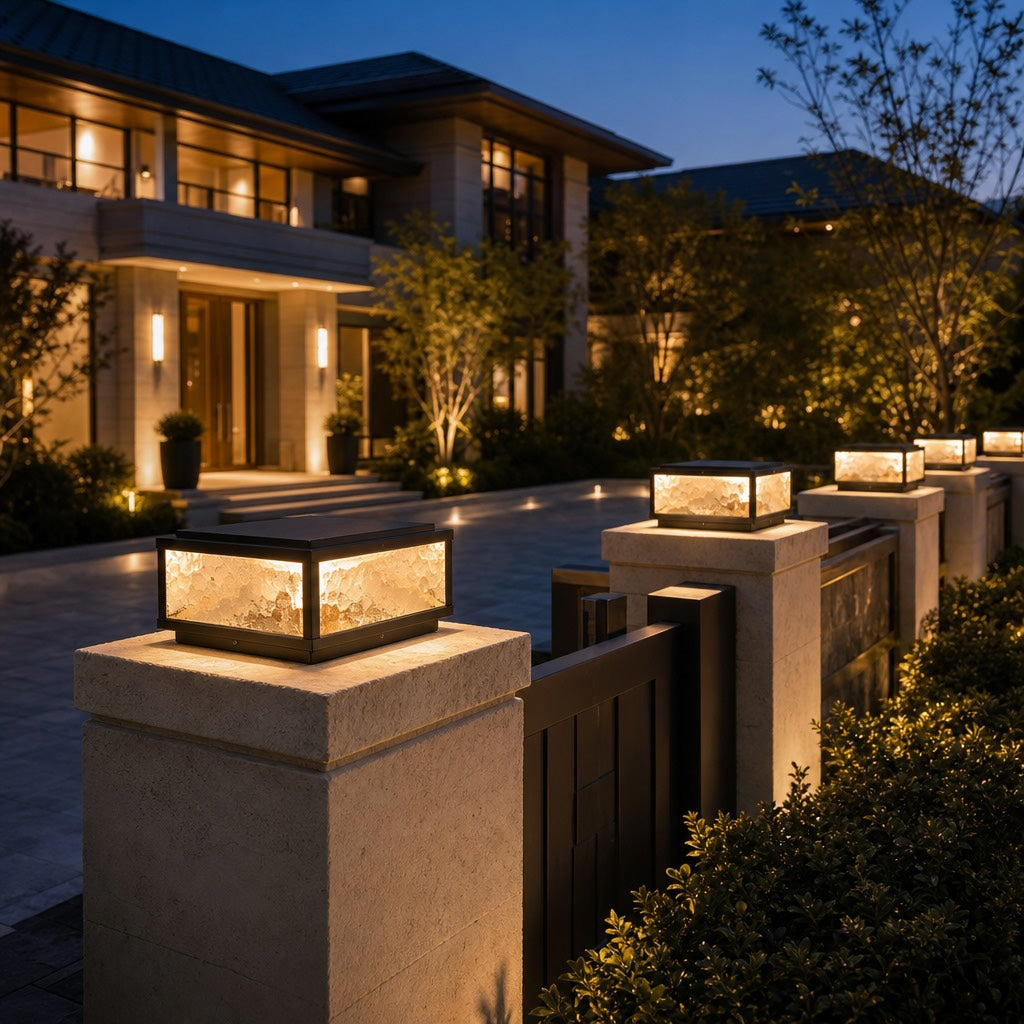 Modern Square Outdoor Pillar Light Solar Wall Mounted Die-Cast Aluminum LED Dimmable 3000K