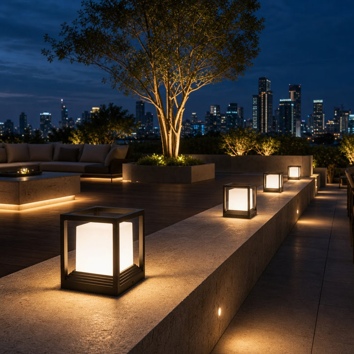 Modern Garden Pedestal Light Aluminum Waterproof LED Dual Power Solar Outdoor Lights