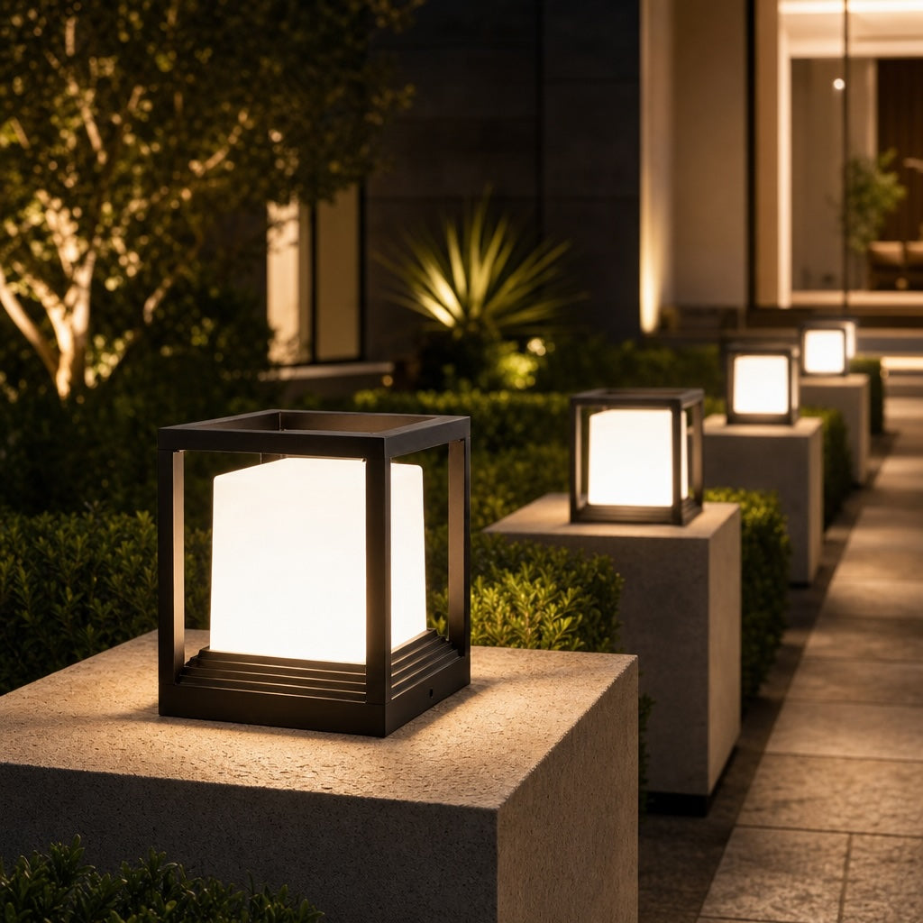 Modern Garden Pedestal Light Aluminum Waterproof LED Dual Power Solar Outdoor Lights