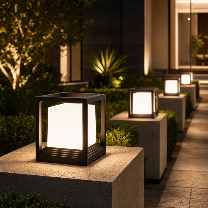 Modern Garden Pedestal Light Aluminum Waterproof LED Dual Power Solar Outdoor Lights