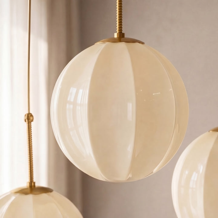 Modern Chandelier Hanging Antique Brass with Cream Glass Shades Adjustable Dimmable Three Socket Design