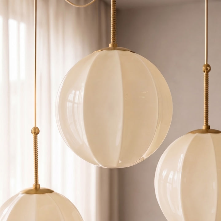 Modern Chandelier Hanging Antique Brass with Cream Glass Shades Adjustable Dimmable Three Socket Design