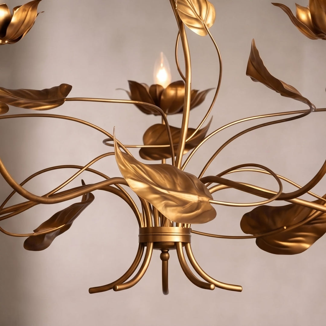 Modern Chandelier Light Adjustable Hanging Iron Fixture with Antiqued Gold Finish and LED Bulbs