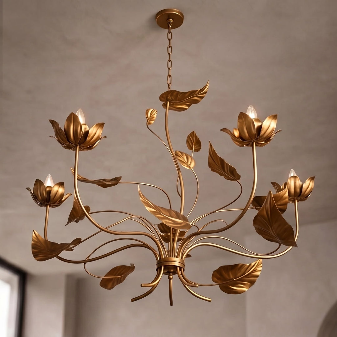 Modern Chandelier Light Adjustable Hanging Iron Fixture with Antiqued Gold Finish and LED Bulbs