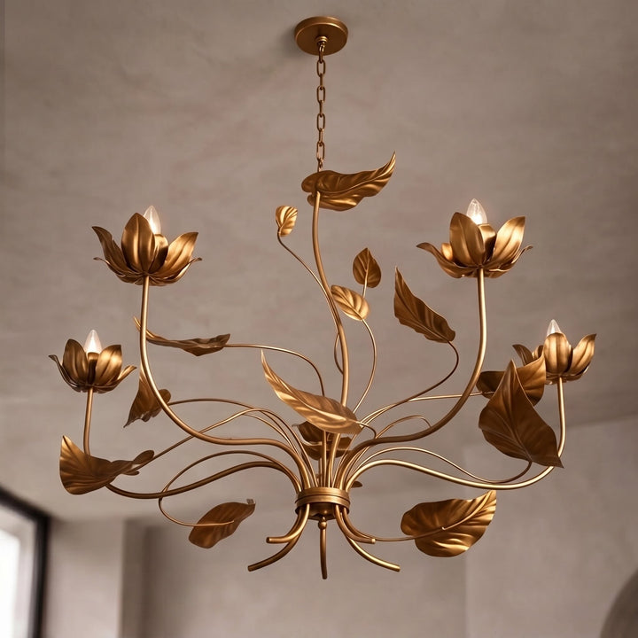 Modern Chandelier Light Adjustable Hanging Iron Fixture with Antiqued Gold Finish and LED Bulbs