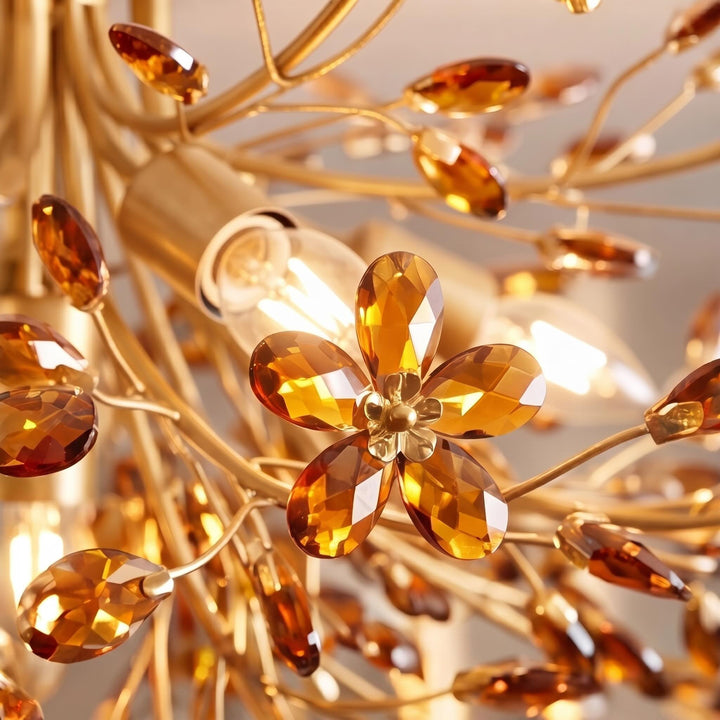 Modern Flush Mount Ceiling Light with Iron Frame and Crystal Floral Design Four E12 Bulbs
