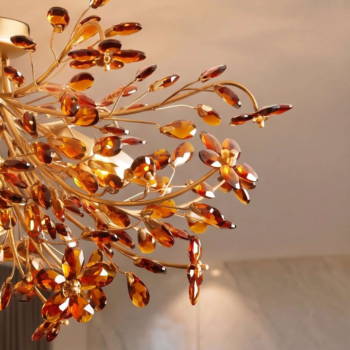 Modern Flush Mount Ceiling Light with Iron Frame and Crystal Floral Design Four E12 Bulbs