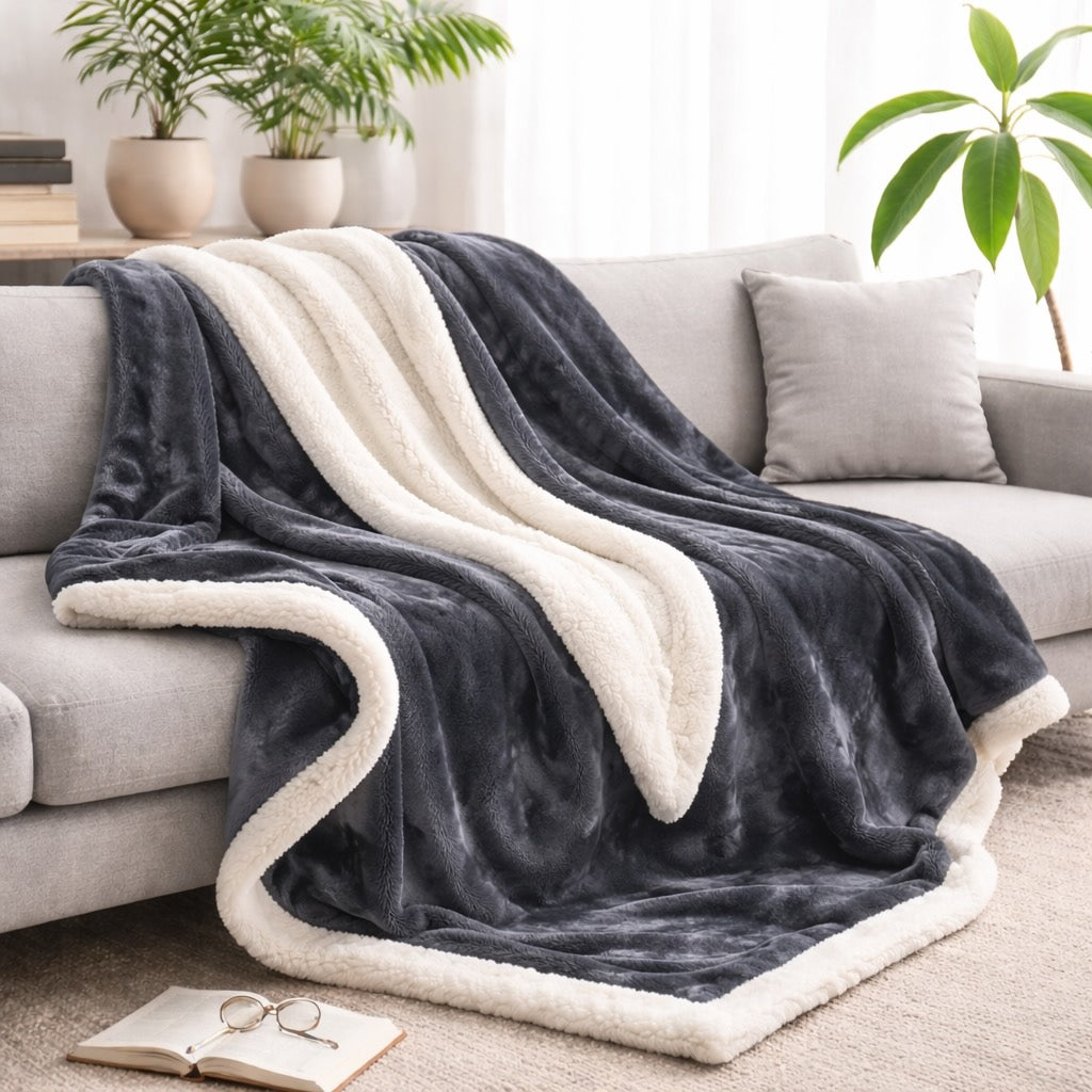 Reversible Sherpa Fleece Throw Blanket Large Soft Fluffy Warm for All Seasons Indoor Outdoor Use
