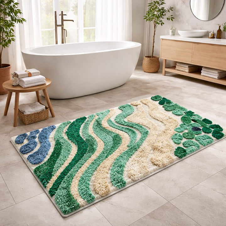 Modern Wavy Bath Mat Microfiber Non-Slip Absorbent Bathroom Mat for Shower Entryway