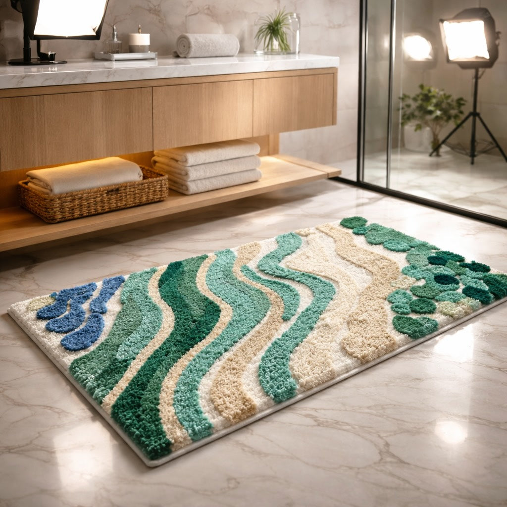 Modern Wavy Bath Mat Microfiber Non-Slip Absorbent Bathroom Mat for Shower Entryway