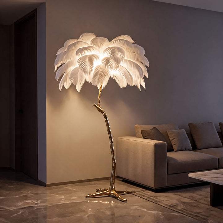 Modern Floor Lamp with Copper Base and Real Ostrich Feathers for Soft Ambient Lighting