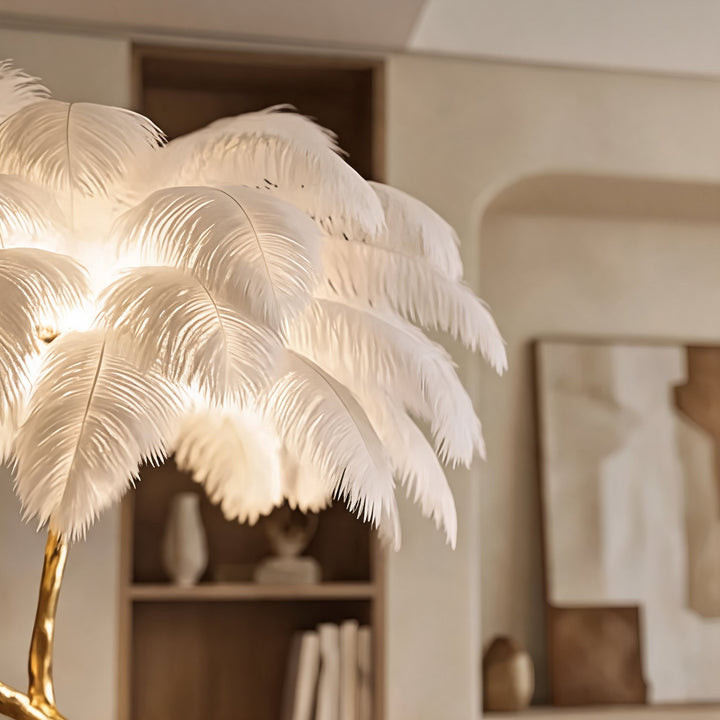 Modern Floor Lamp with Copper Base and Real Ostrich Feathers for Soft Ambient Lighting