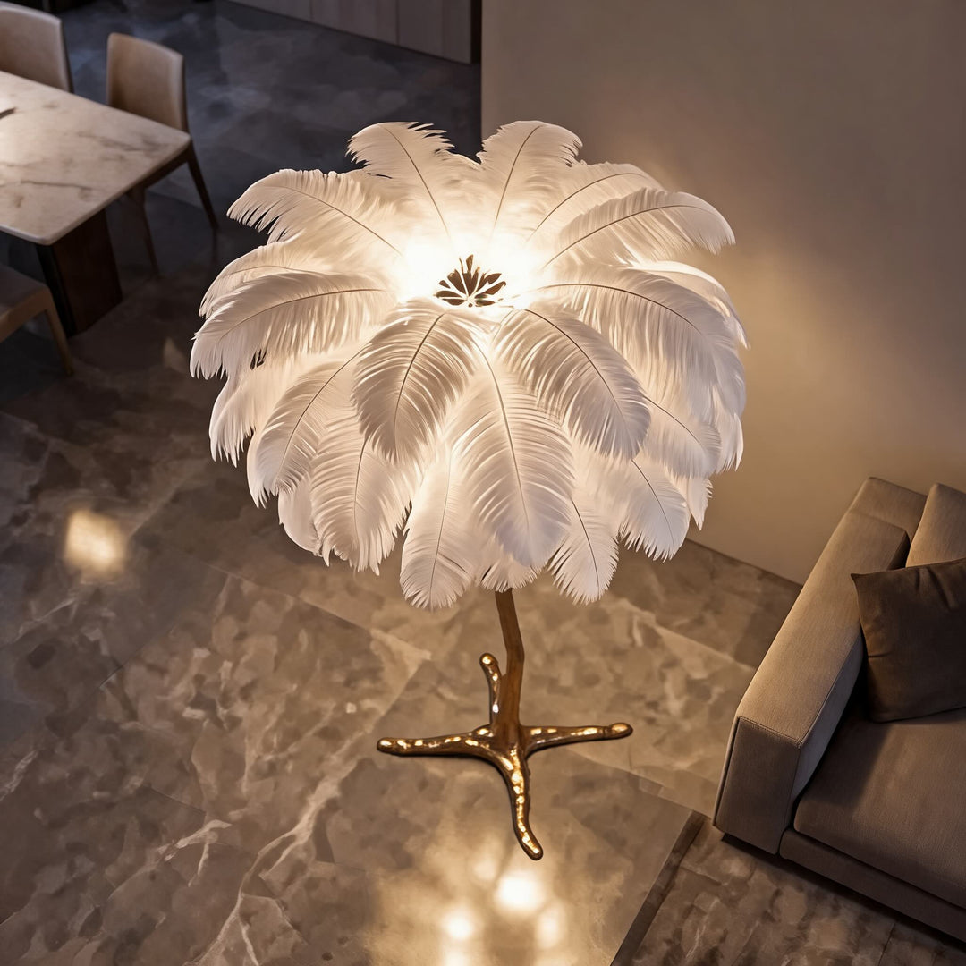 Modern Floor Lamp with Copper Base and Real Ostrich Feathers for Soft Ambient Lighting