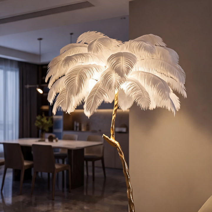 Modern Floor Lamp with Copper Base and Real Ostrich Feathers for Soft Ambient Lighting
