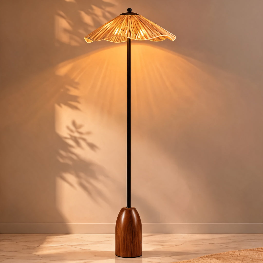 Modern Floor Lamp Adjustable Height Natural Raffia Shade Walnut Base Dimmable Ambient Light