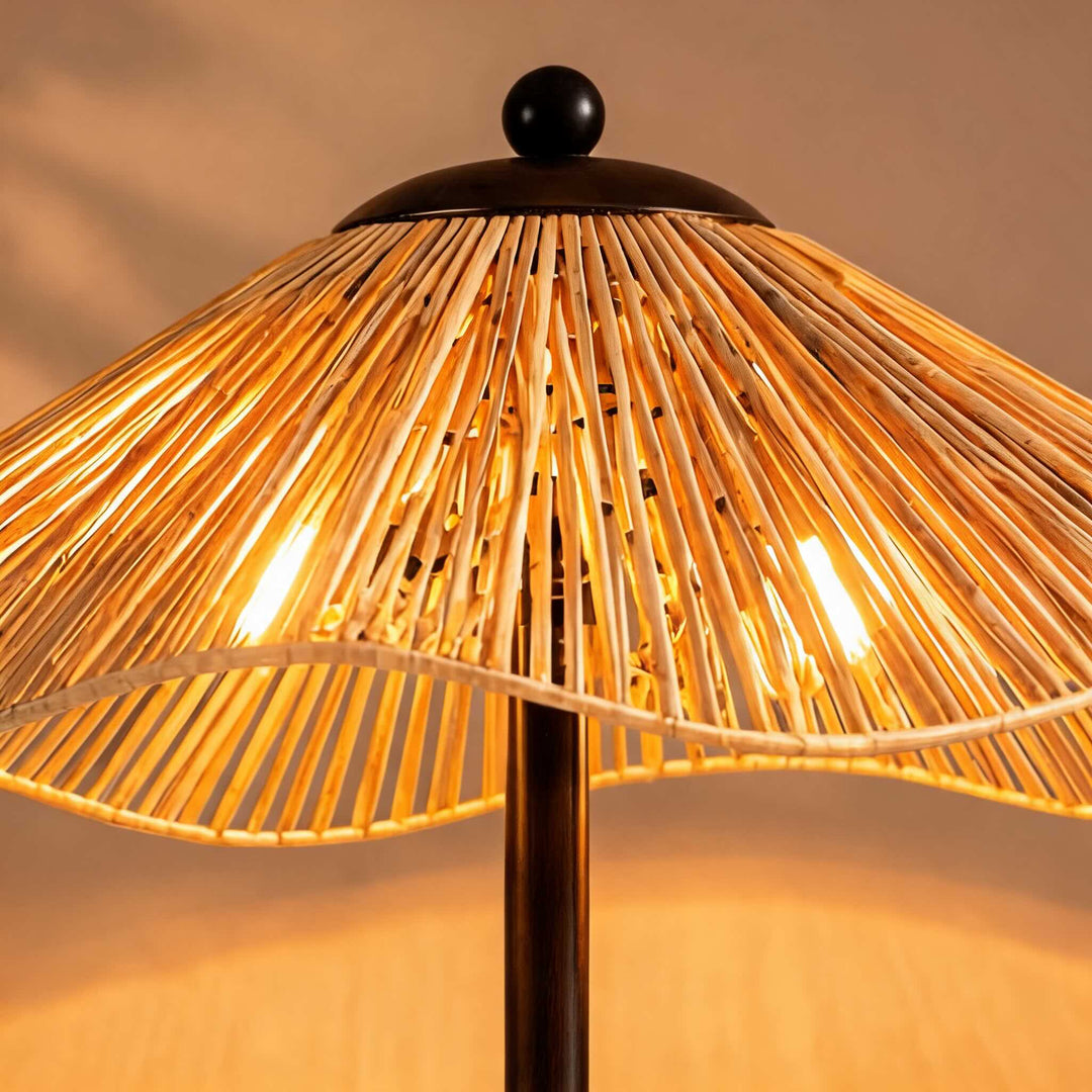 Modern Floor Lamp Adjustable Height Natural Raffia Shade Walnut Base Dimmable Ambient Light