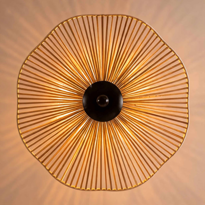 Modern Floor Lamp Adjustable Height Natural Raffia Shade Walnut Base Dimmable Ambient Light