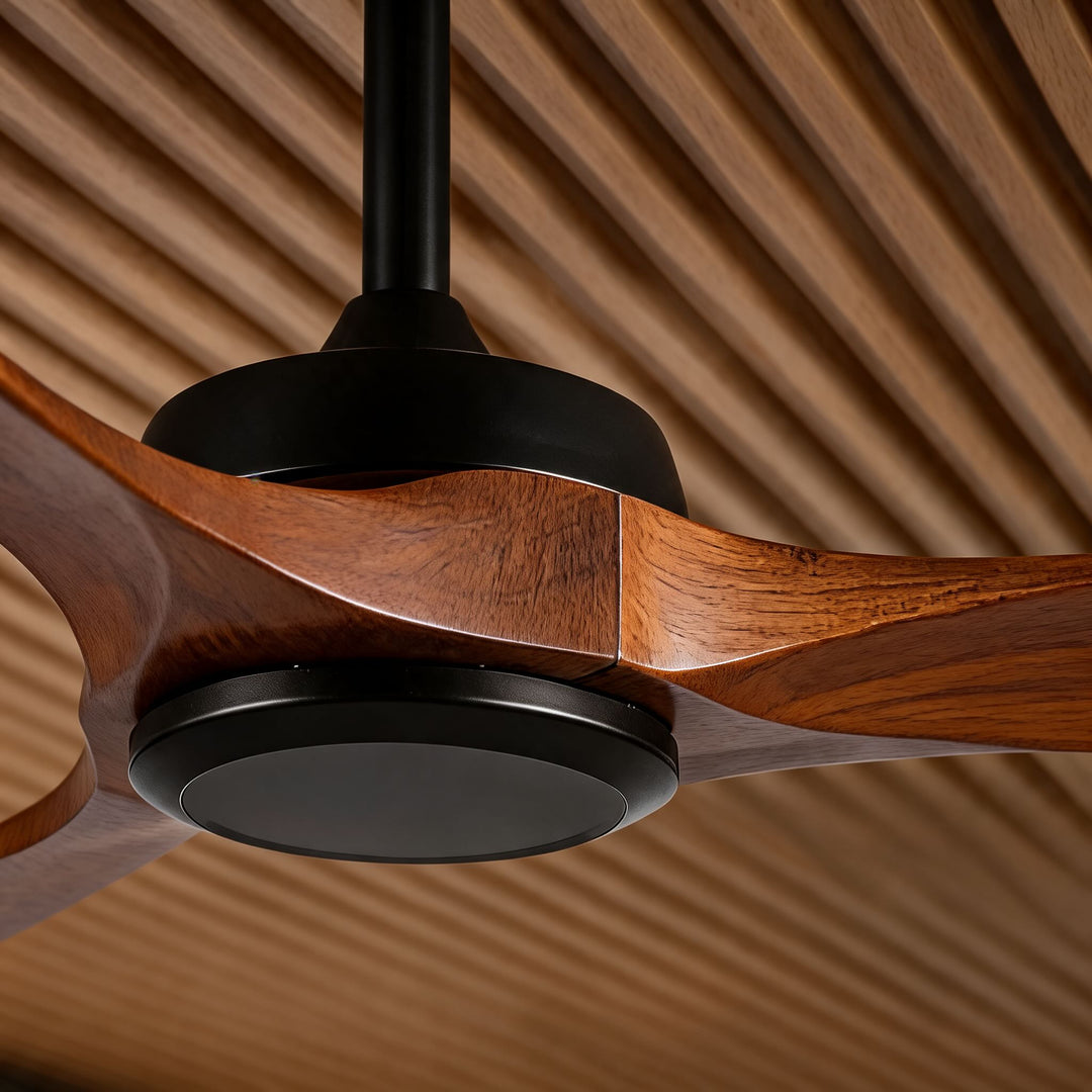 Modern Outdoor Ceiling Fan with Walnut Wood Blades IP65 Waterproof Rating and 6-Speed Motor