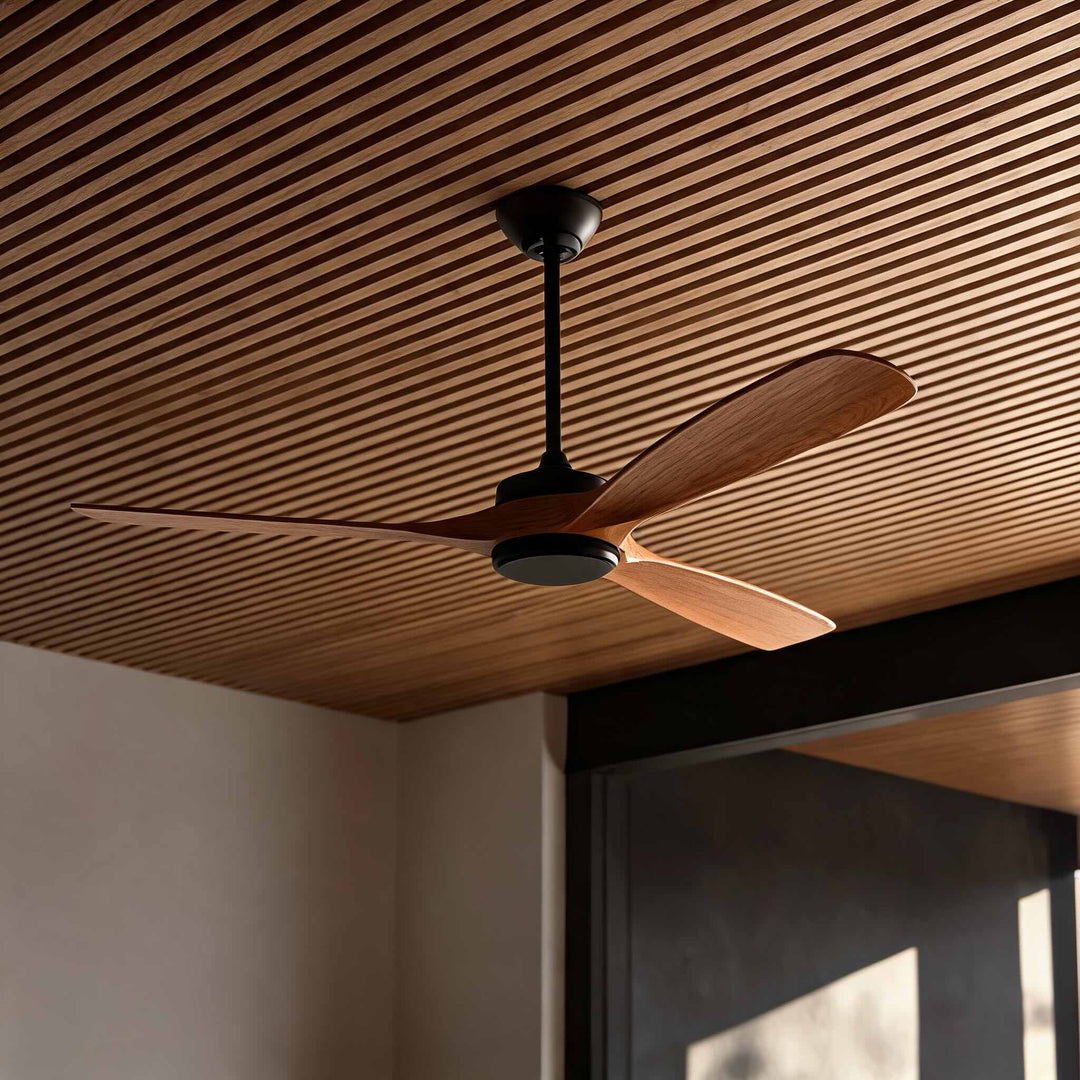 Modern Outdoor Ceiling Fan with Walnut Wood Blades IP65 Waterproof Rating and 6-Speed Motor