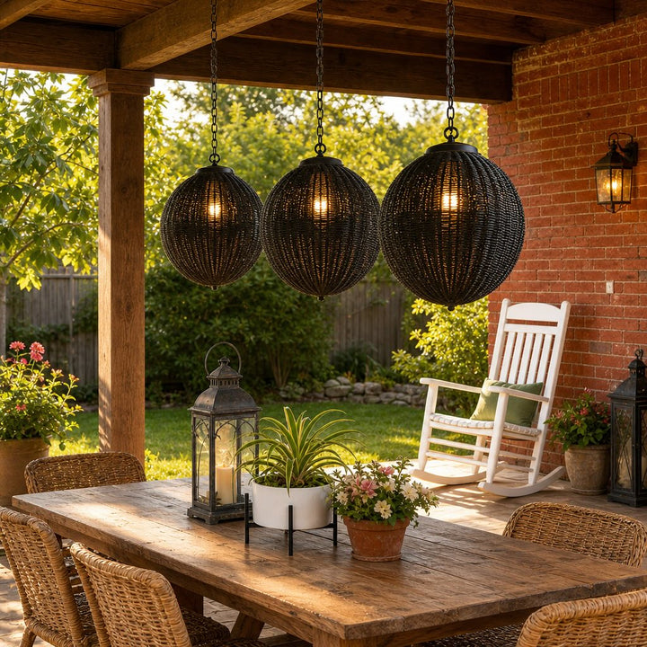Waterproof Retro Pendant Light Adjustable Hanging Rattan Outdoor LED Warm White 4W