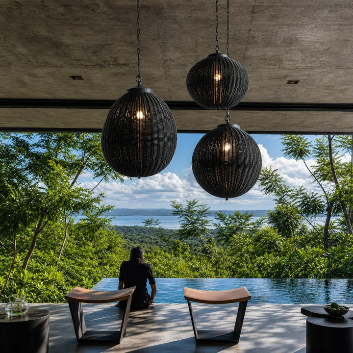 Waterproof Retro Pendant Light Adjustable Hanging Rattan Outdoor LED Warm White 4W